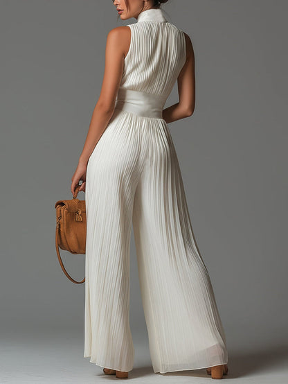 ESSENTIAL – White Pleated Chiffon Jumpsuit for Women
