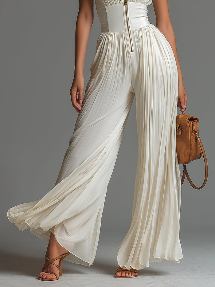 ESSENTIAL – White Pleated Chiffon Jumpsuit for Women