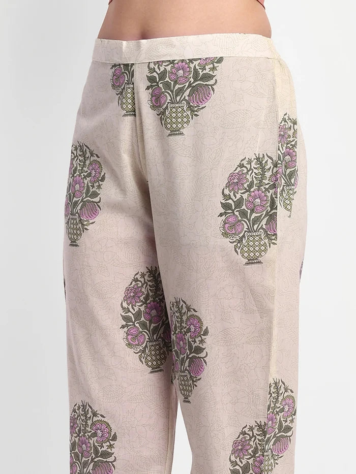 Floral Printed Cotton Kurti Set With Trousers &amp; Dupatta