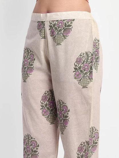 Floral Printed Cotton Kurti Set With Trousers &amp; Dupatta