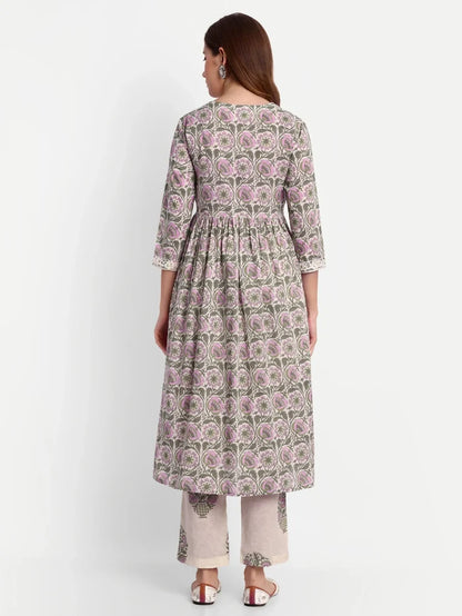 Floral Printed Cotton Kurti Set With Trousers &amp; Dupatta