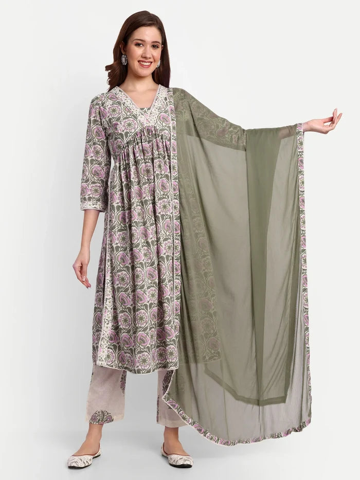 Floral Printed Cotton Kurti Set With Trousers &amp; Dupatta