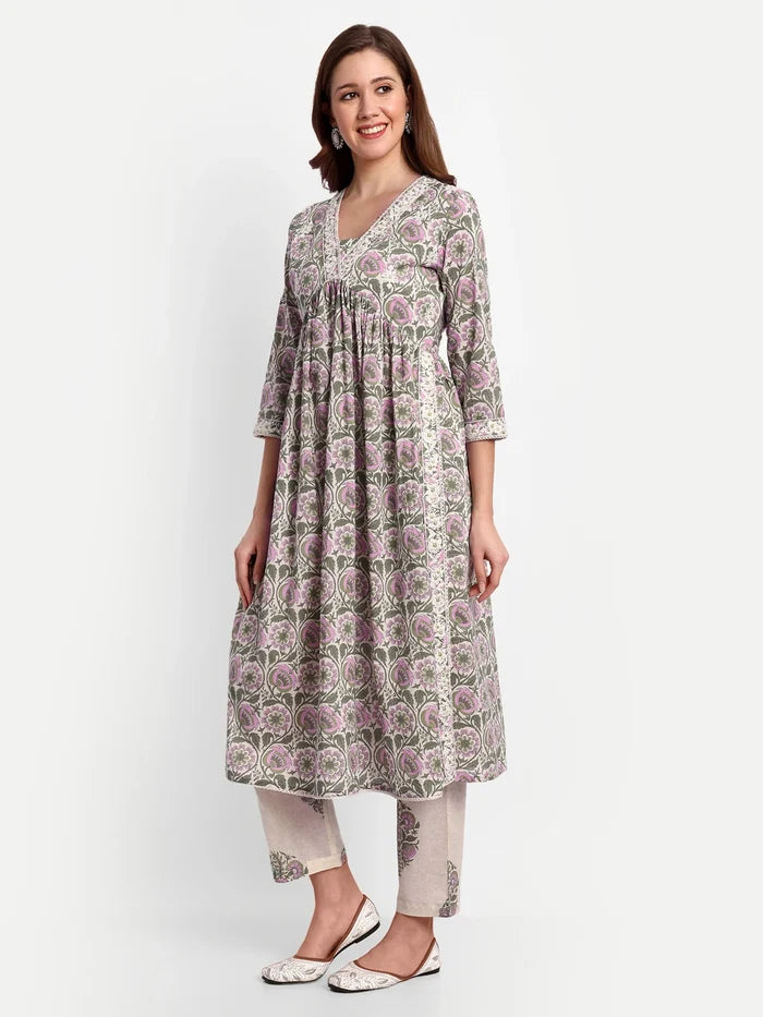 Floral Printed Cotton Kurti Set With Trousers &amp; Dupatta