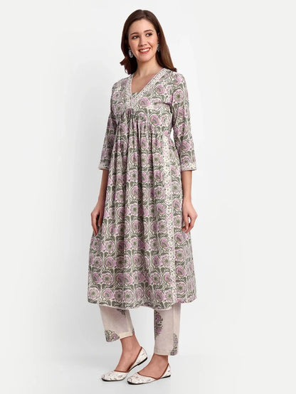 Floral Printed Cotton Kurti Set With Trousers &amp; Dupatta
