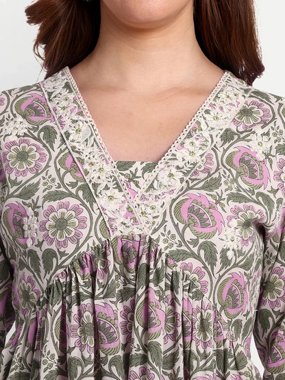 Floral Printed Cotton Kurti Set With Trousers &amp; Dupatta