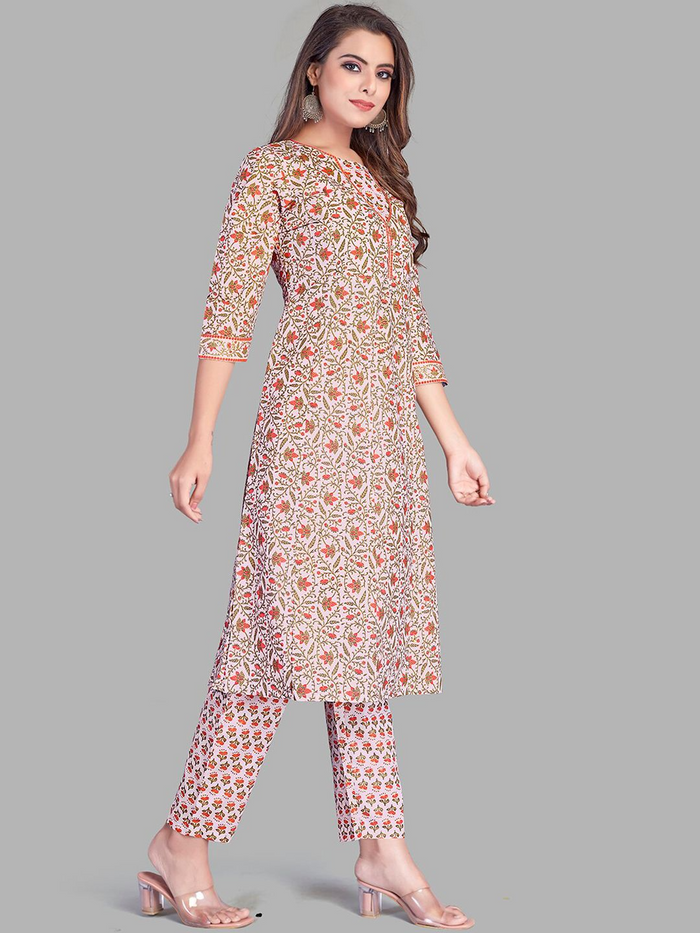 Floral Printed Pure Cotton Kurta with Trousers & Dupatta