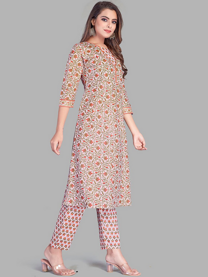 Floral Printed Pure Cotton Kurta with Trousers & Dupatta