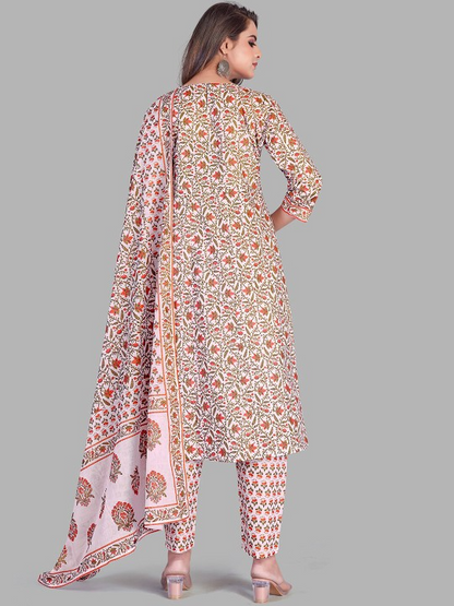 Floral Printed Pure Cotton Kurta with Trousers & Dupatta