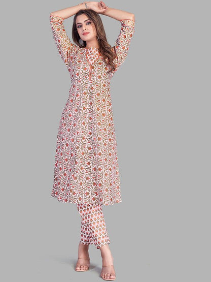 Floral Printed Pure Cotton Kurta with Trousers & Dupatta
