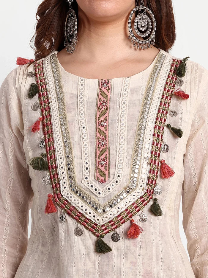 Floral Printed Yoke Design Work Pure Cotton Kurti With Dhoti Pant &amp; Dupatta