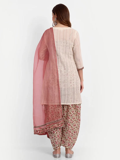 Floral Printed Yoke Design Work Pure Cotton Kurti With Dhoti Pant &amp; Dupatta