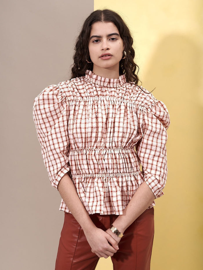 Ghospell - Sunrise Check Ruched top /ivory and red- Top manches bouffantes / Ivoire et rouge-Tops-TOG263RED-S