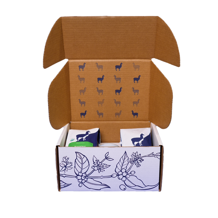 the backyard beans gift box including 2 retail 12oz coffee bags and backyard beans branded mug
