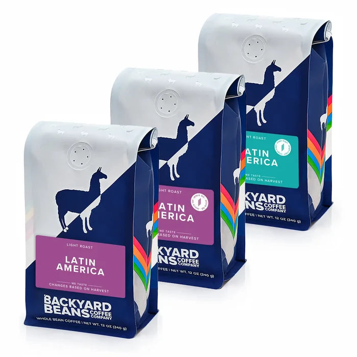 Three bags of Backyard Beans Coffee bundled, featuring latin america roasts