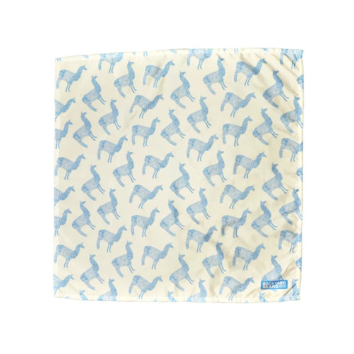 Square bandana with blue llama pattern on a white background
