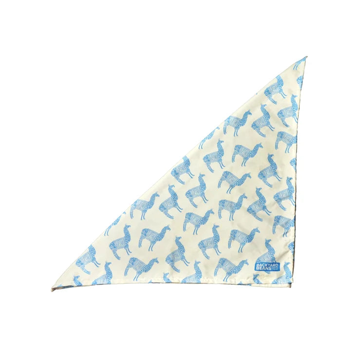 Bandana with blue llama pattern on a white background