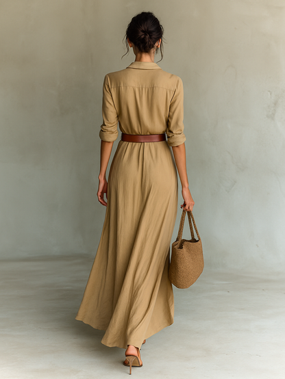 Maxi Long Dress with Lapel Collar and Long Sleeves