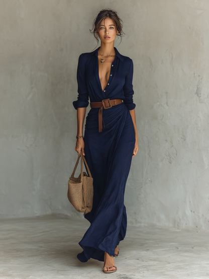 Maxi Long Dress with Lapel Collar and Long Sleeves