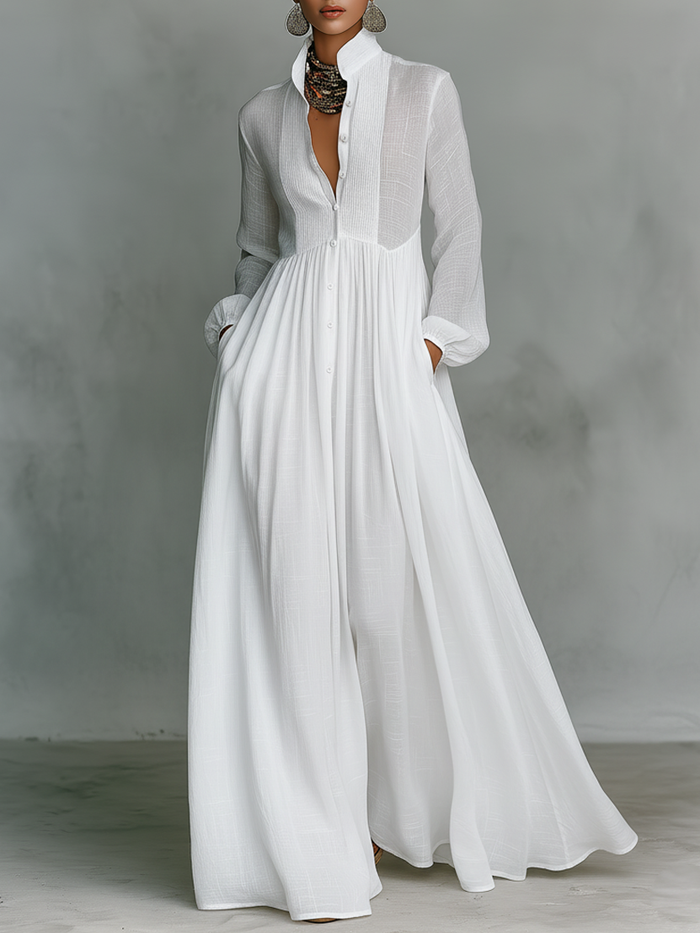 Minimalist Cotton & Linen Patchwork Maxi Dress with Stand Collar and Long Sleeves