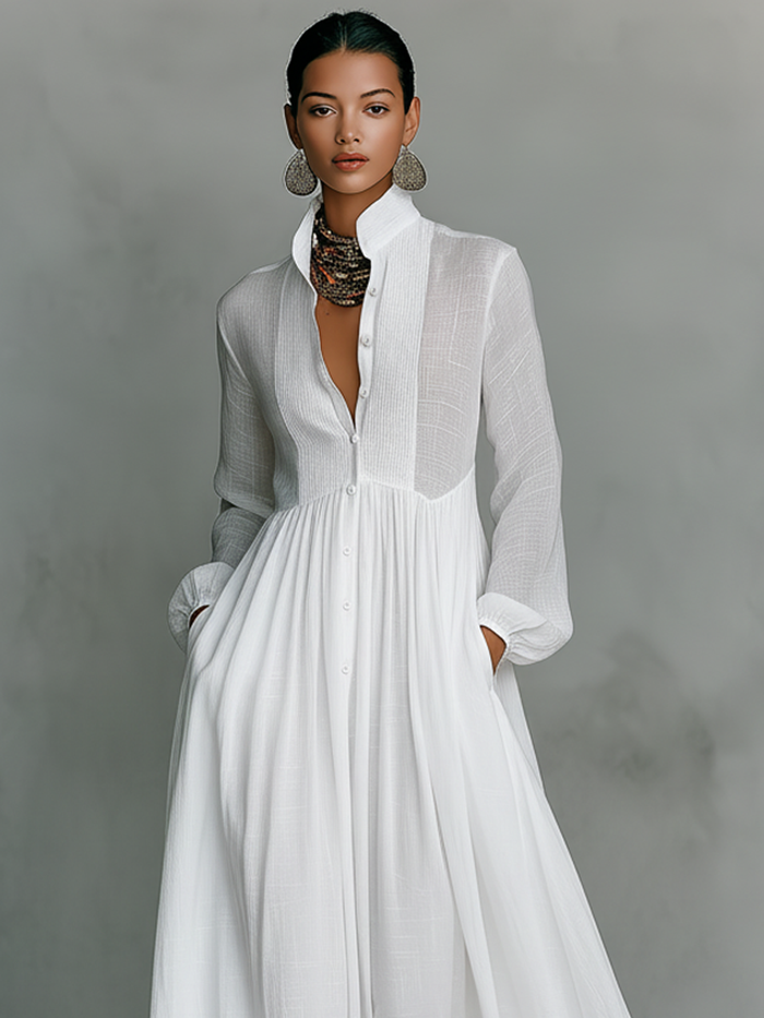 Minimalist Cotton & Linen Patchwork Maxi Dress with Stand Collar and Long Sleeves