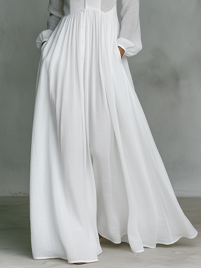 Minimalist Cotton & Linen Patchwork Maxi Dress with Stand Collar and Long Sleeves
