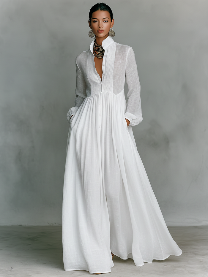 Minimalist Cotton & Linen Patchwork Maxi Dress with Stand Collar and Long Sleeves