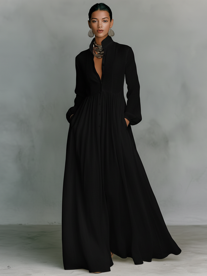 Minimalist Cotton & Linen Patchwork Maxi Dress with Stand Collar and Long Sleeves