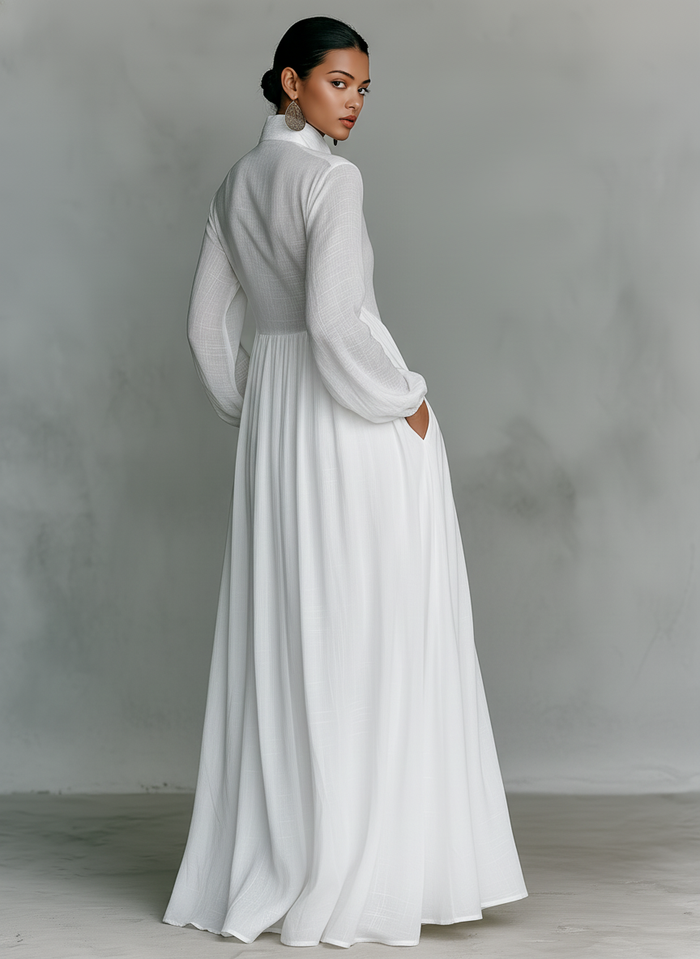 Minimalist Cotton & Linen Patchwork Maxi Dress with Stand Collar and Long Sleeves