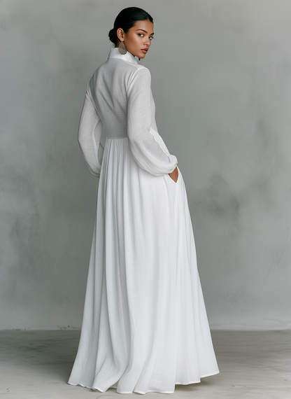 Minimalist Cotton & Linen Patchwork Maxi Dress with Stand Collar and Long Sleeves