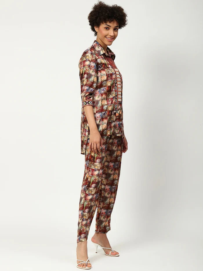 Muslin Printed Cord Set With Work Details Multicoloured