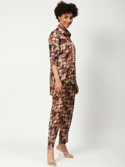 Muslin Printed Cord Set With Work Details Multicoloured