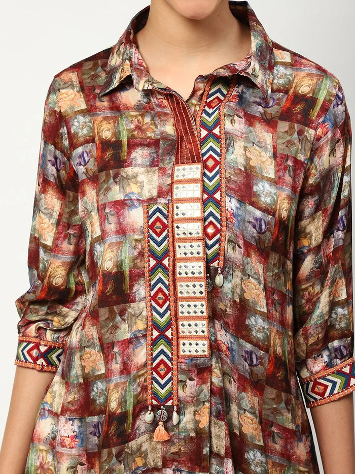 Muslin Printed Cord Set With Work Details Multicoloured