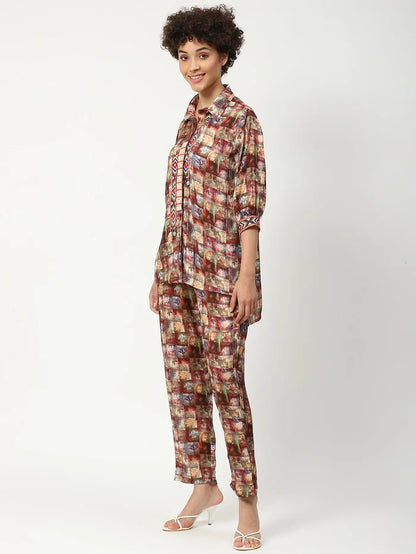 Muslin Printed Cord Set With Work Details Multicoloured