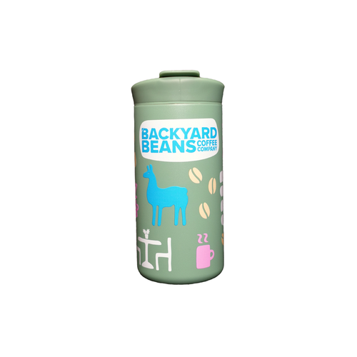 Green tumbler with 'Backyard Beans Coffee Company' branding on a white background