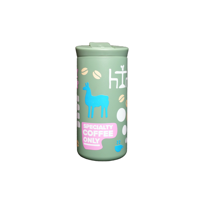Green tumbler with llama design and text on a white background