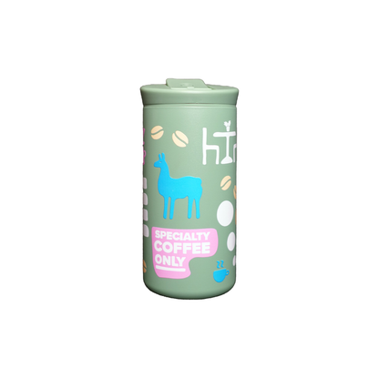 Green tumbler with llama design and text on a white background