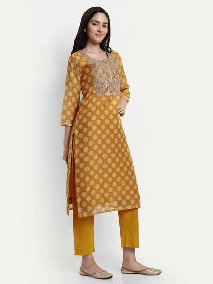 Polka Dots Kurti Set in Yellow with Dupatta