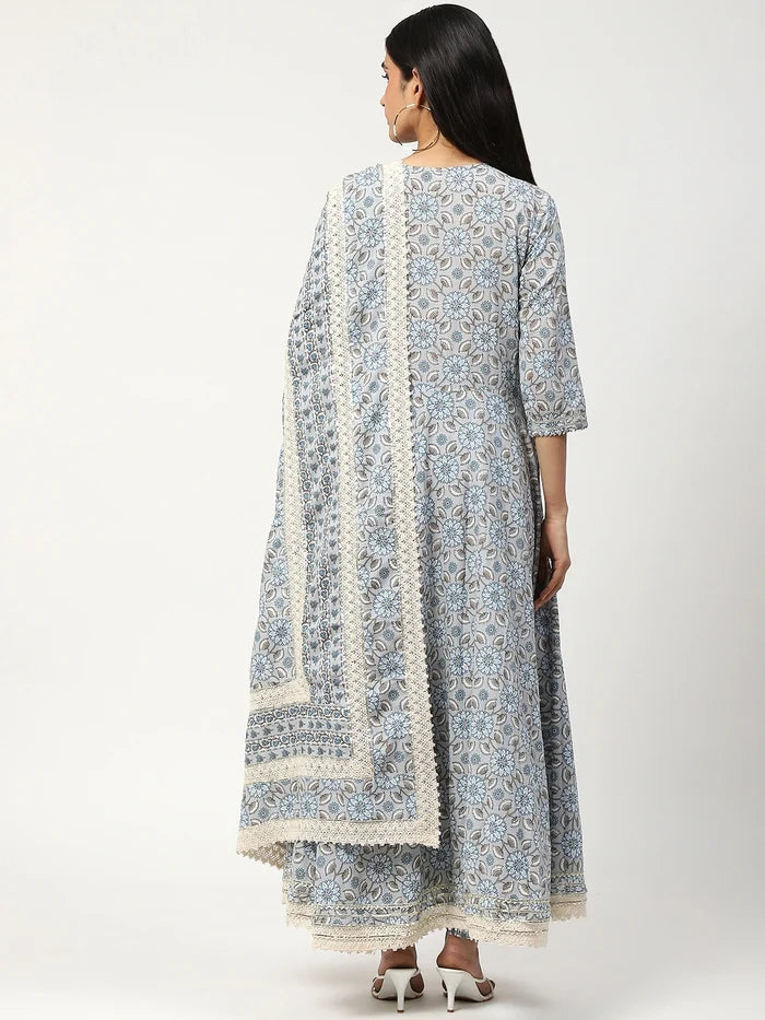 Printed Anarkali Set with Sequins, Dupatta & Pant