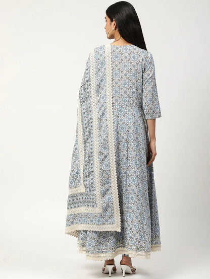 Printed Anarkali Set with Sequins, Dupatta & Pant