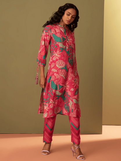 Printed Pink Muslin Kurta Set