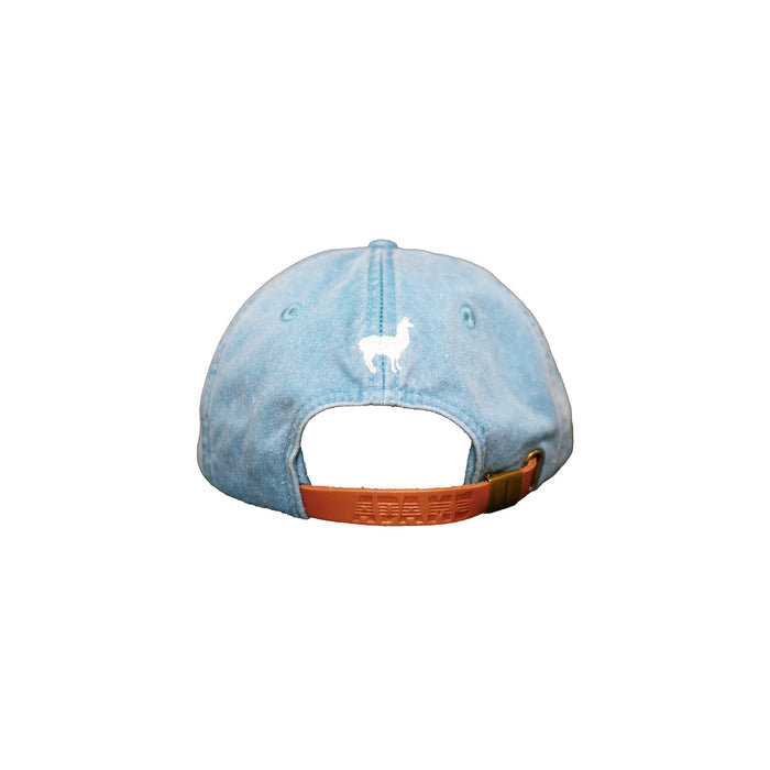 Image of back of teal dad hat with embroidered llama