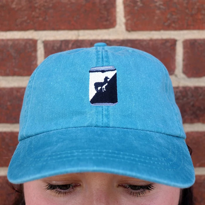 Image of embroidered cold brew can on blue dad hat