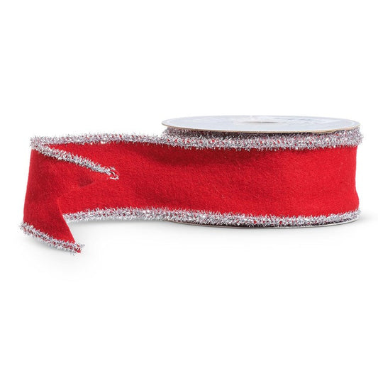 2.5 x 10 Yds Red Felt Ribbon with Tinsel Trim