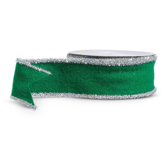 2.5 x 10 Yds Green Felt Ribbon with Tinsel Trim