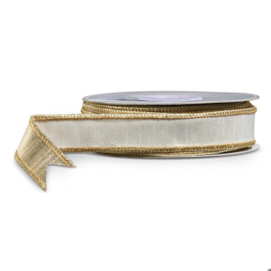 1" X 10 Yds White and Gold Wired Ribbon
