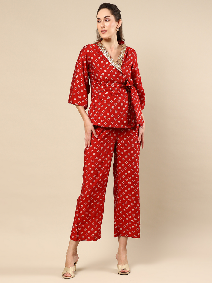 Red Bandhani Fantasy Shawl Collar Co-ord Set