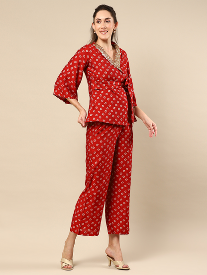 Red Bandhani Fantasy Shawl Collar Co-ord Set