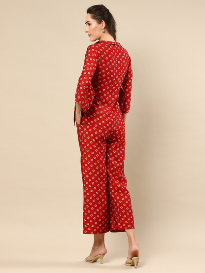 Red Bandhani Fantasy Shawl Collar Co-ord Set