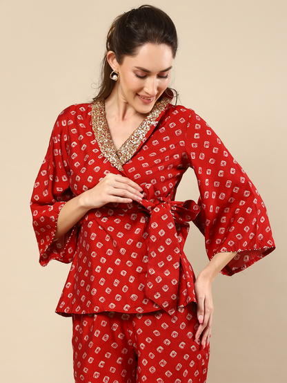 Red Bandhani Fantasy Shawl Collar Co-ord Set