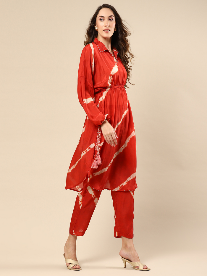 Red Cotton Silk Tunic Set